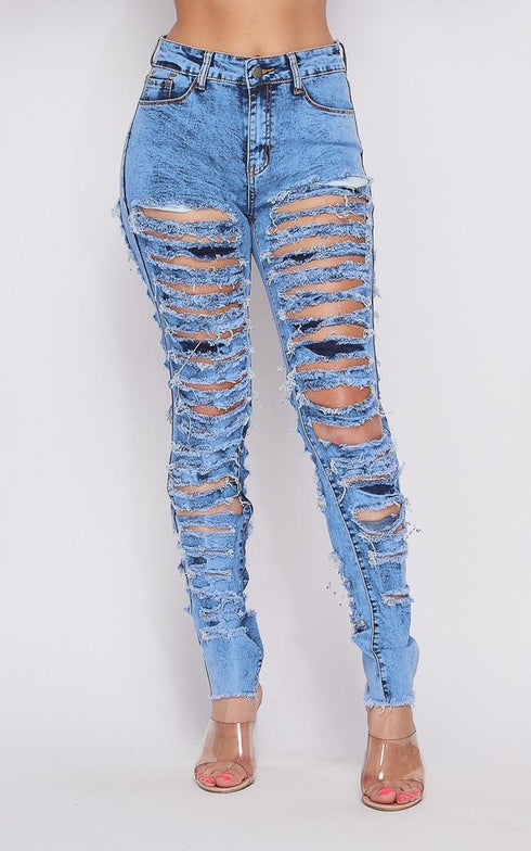 All Over Destroyed and Distressed Denim Jeans - Acid Wash Blue - SohoGirl.com